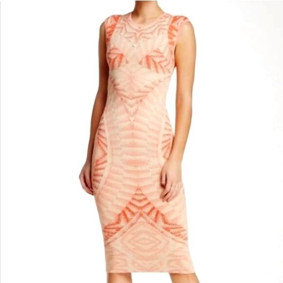 Ronny Kobo Tropez Blister Stitch Victoria Midi Textured Dress Coral Nude Combo M - Picture 3 of 13